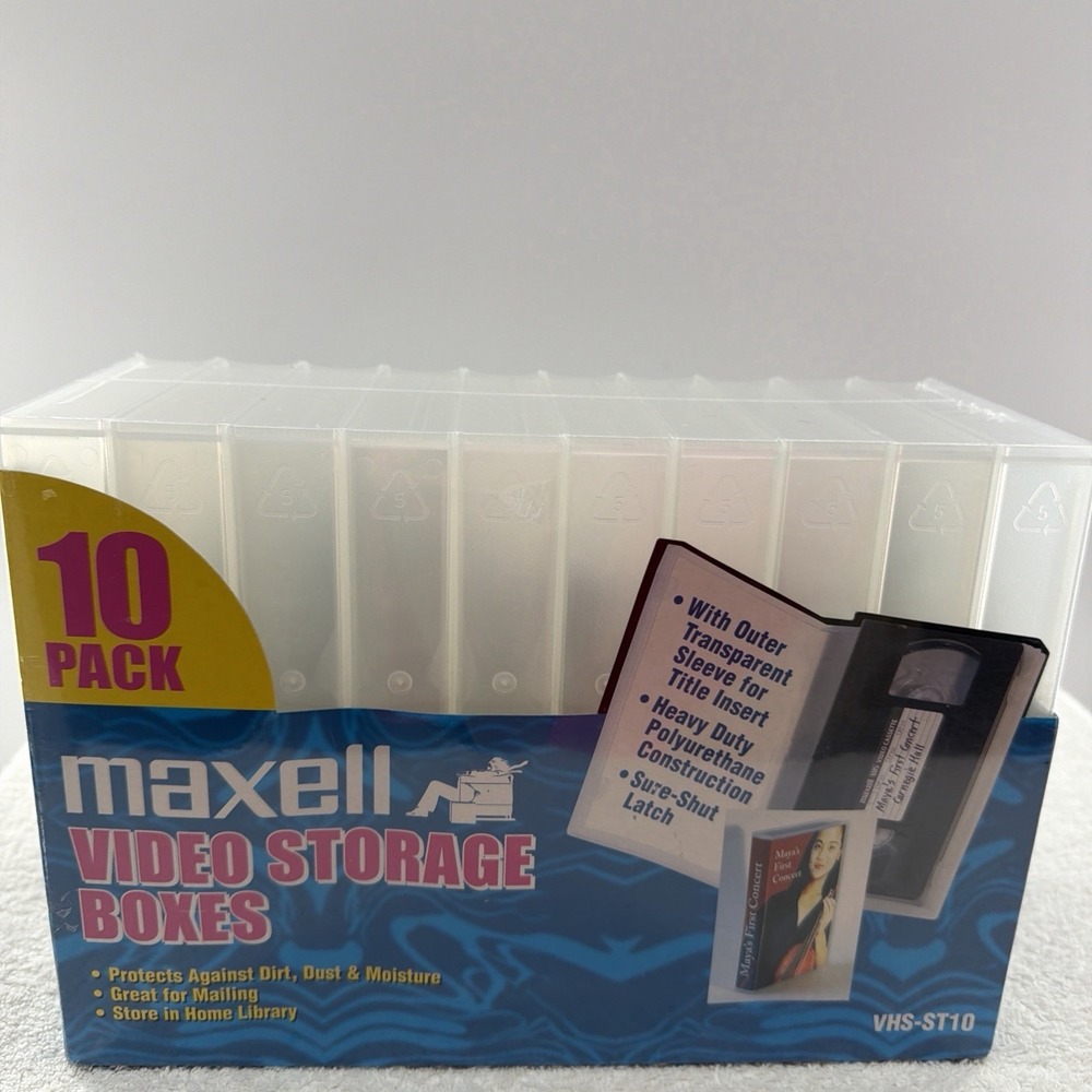Maxell VHS Cassette Tape Plastic Storage Box Clamshell Clear 10 Pack NIP